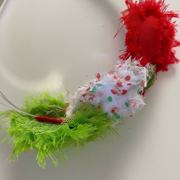Red Green and White Boutique Christmas Frayed Rossette Headband with Rhinestone - Picture 4 of 9